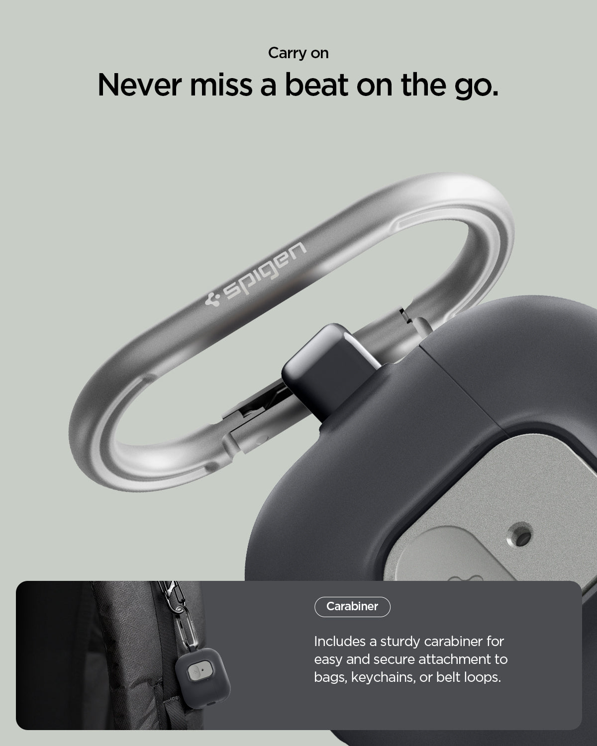 ACS10133 - AirPods Pro 3 Nano Pop in Black Sesame showing carry on. never miss a beat on the go. carabiner. includes a sturdy carabiner for easy and secure attachment to bags keychains or belt loops.