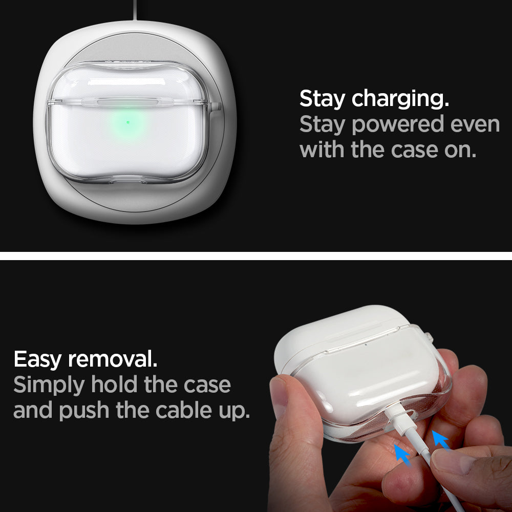 ASD00541 - Apple AirPods Pro Case Ultra Hybrid in crystal clear showing the front easy removal. Simply hold on the case and push the cable up. Stay powered even  with the case on