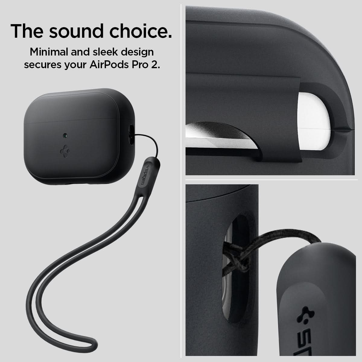 ACS05479 - Apple AirPods Pro 2 Case Silicone Fit + strap in black showing the sound choice. Minimal and sleek design secures your AirPods Pro 2
