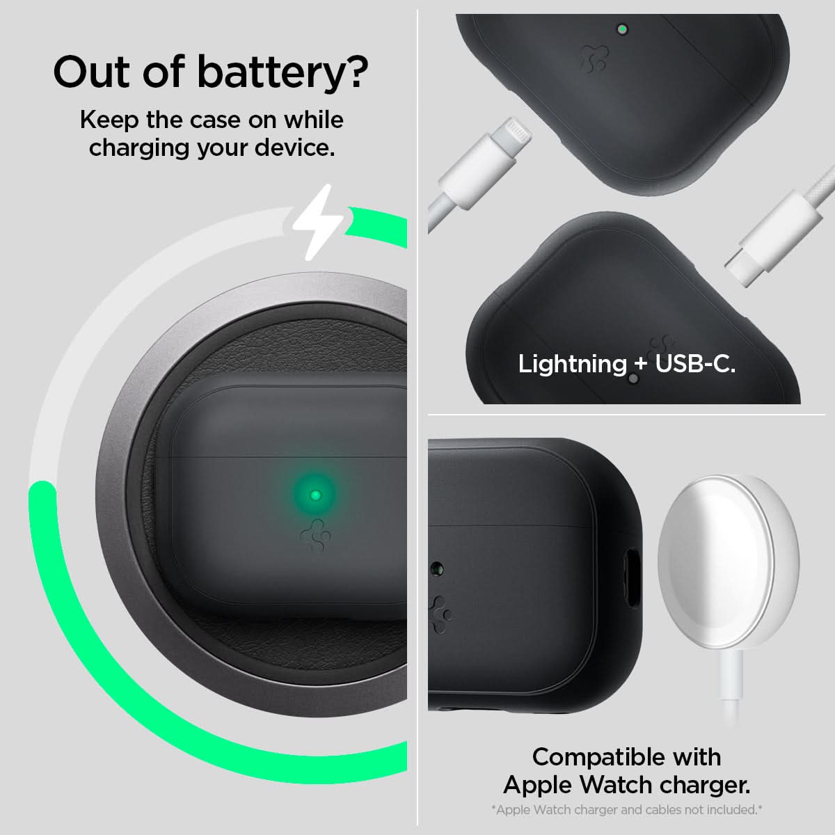 ACS05479 - Apple AirPods Pro 2 Case Silicone Fit + strap in black showing how keeping the case on while charging your device. Lightning + USB-C. Compatible with Apple Watch charger