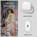 ACS05811 - Apple AirPods Pro 2 Case Silicone Fit + strap in white showing how it easily clips on. Never miss a beat on-the-go. Lanyard included and with lanyard cutout