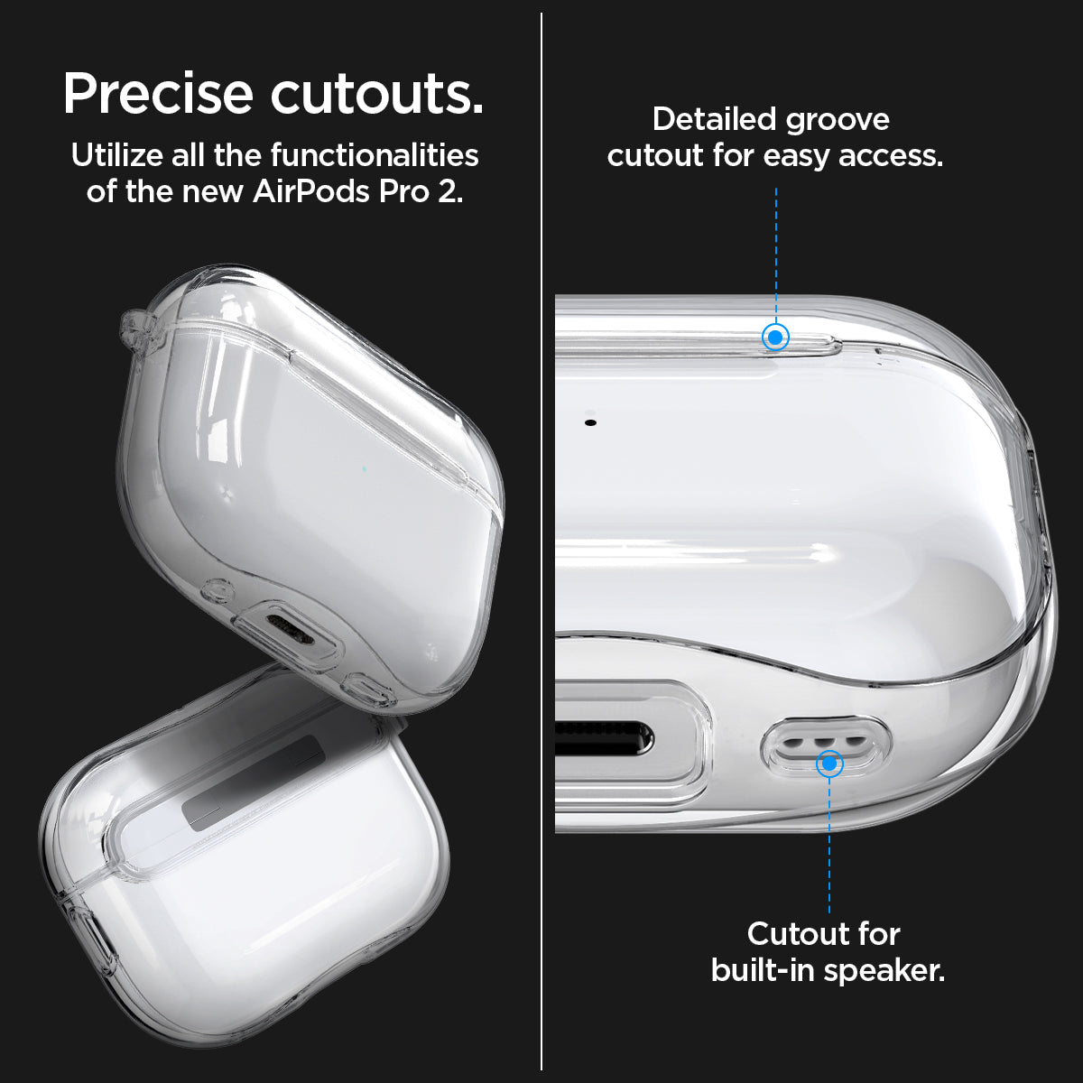 ACS05481 - Apple AirPods Pro 2 Case Ultra Hybrid in crystal clear showing the precise cutout. Utilize all the functionalities of the new AirPods Pro 2. Detailed groove cutout for easy access. Cutout for built-in speaker