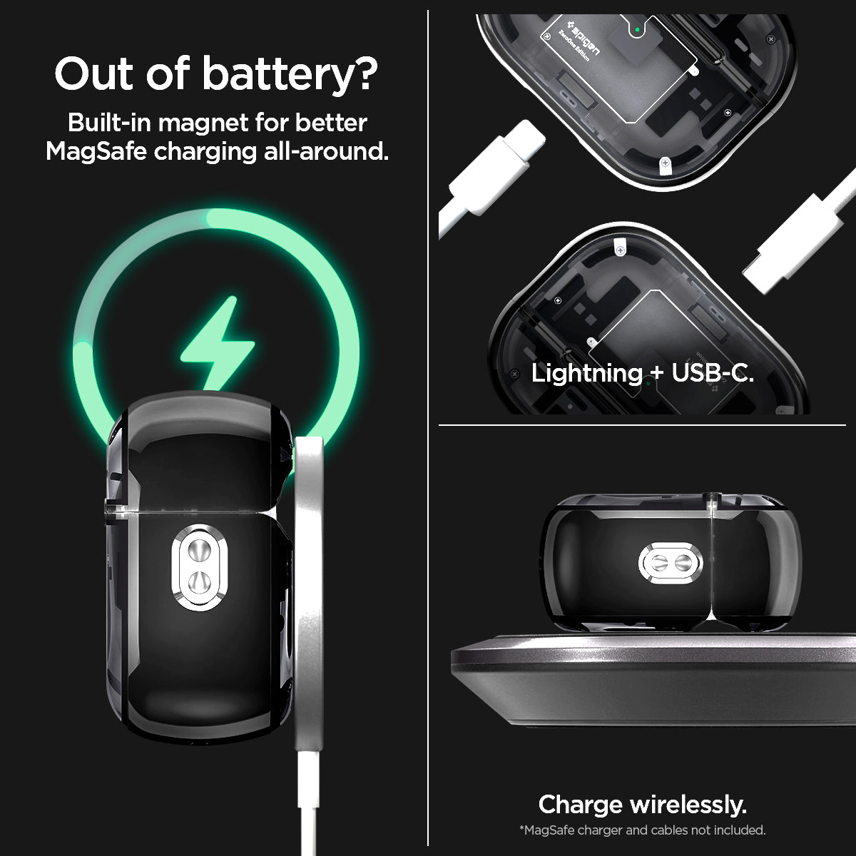 ACS05593 - AirPods Series Ultra Hybrid Zero One (MagFit) Case in zero one showing the built-in magnet for better MagSafe charging all-around. Lightning  USB-C and charged wirelessly 