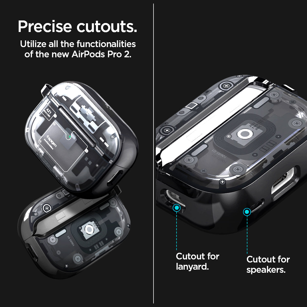 ACS05593 - AirPods Series Ultra Hybrid Zero One (MagFit) Case in zero one showing the precise cutouts. Utilize all the functionalities of the new AirPods Pro 2. It has cutout for lanyard and cutout for speakers 