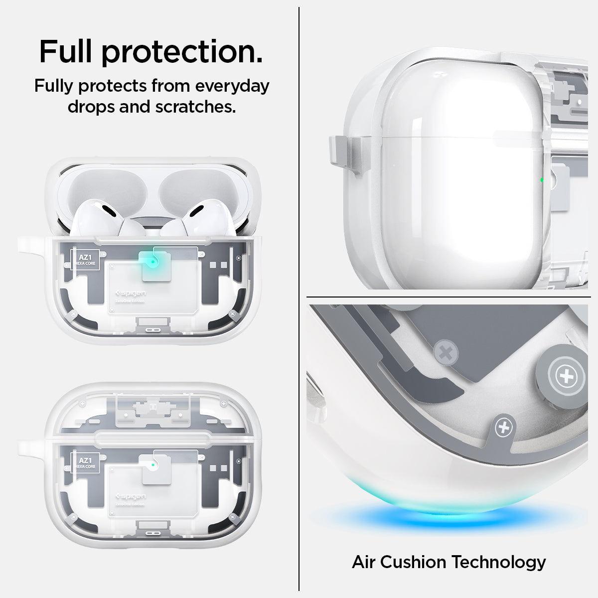ACS07423 - AirPods Pro 2 Ultra Hybrid Zero One (MagFit) in Zero One White showing the full protection. Fully protects from everyday drops and scratches with Air Cushion Technology
