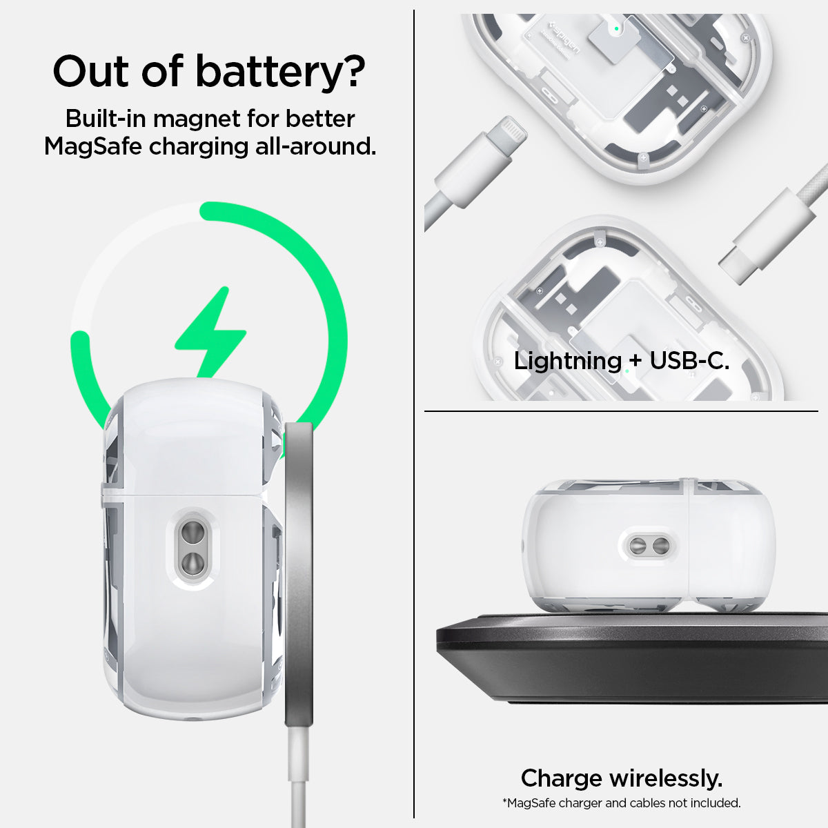 ACS07423 - AirPods Pro 2 Ultra Hybrid Zero One (MagFit) in Zero One White showing the built-in magnet for better MagSafe charging all-around. Lightning  USB-C and charged wirelessly 