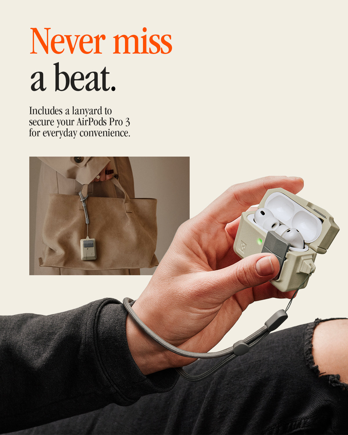 ACS10978 - AirPods Pro 3 Classic LS showing never miss a beat. Includes a lanyard to secure your Airpods Pro 3 for  every day convenience