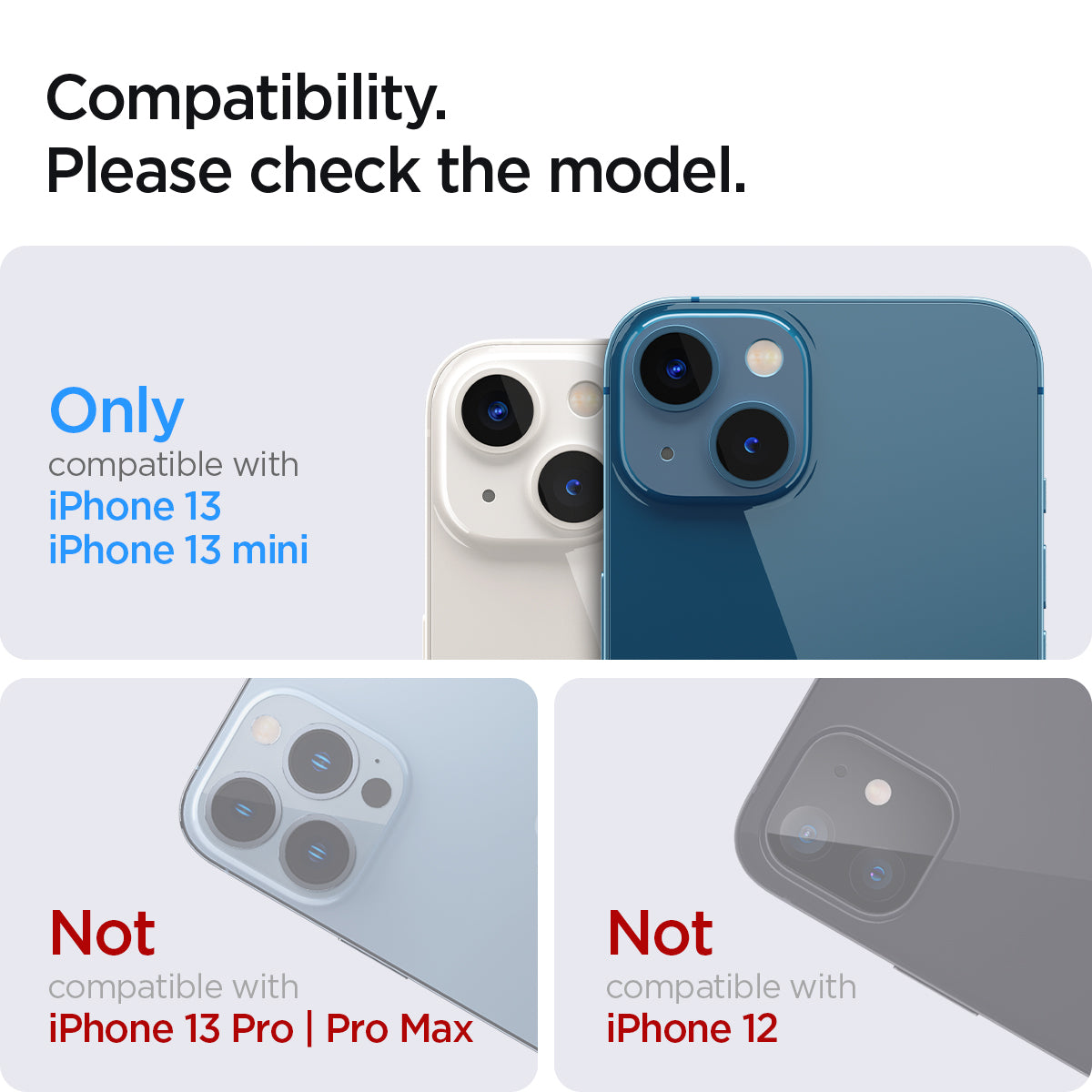 AGL04038 - iPhone 13 Mini / iPhone 13 Optik Lens Protector in starlight showing compatibility. Please check the model. Only compatible with iPhone 13, 13 mini . Not compatible with iPhone 13 pro and iPhone 13 pro max. Not compatible with iPhone 12