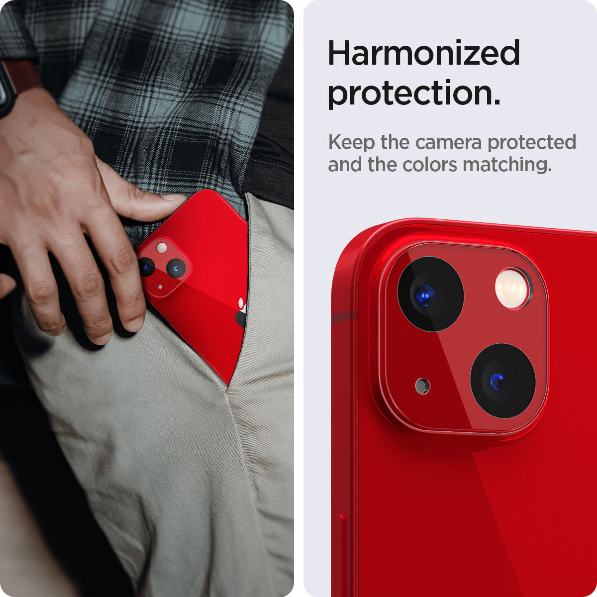 AGL04039 - iPhone 13 Mini / iPhone 13 Optik Lens Protector in red showing hamonized protection. Keep the camera protected and the colors matching
