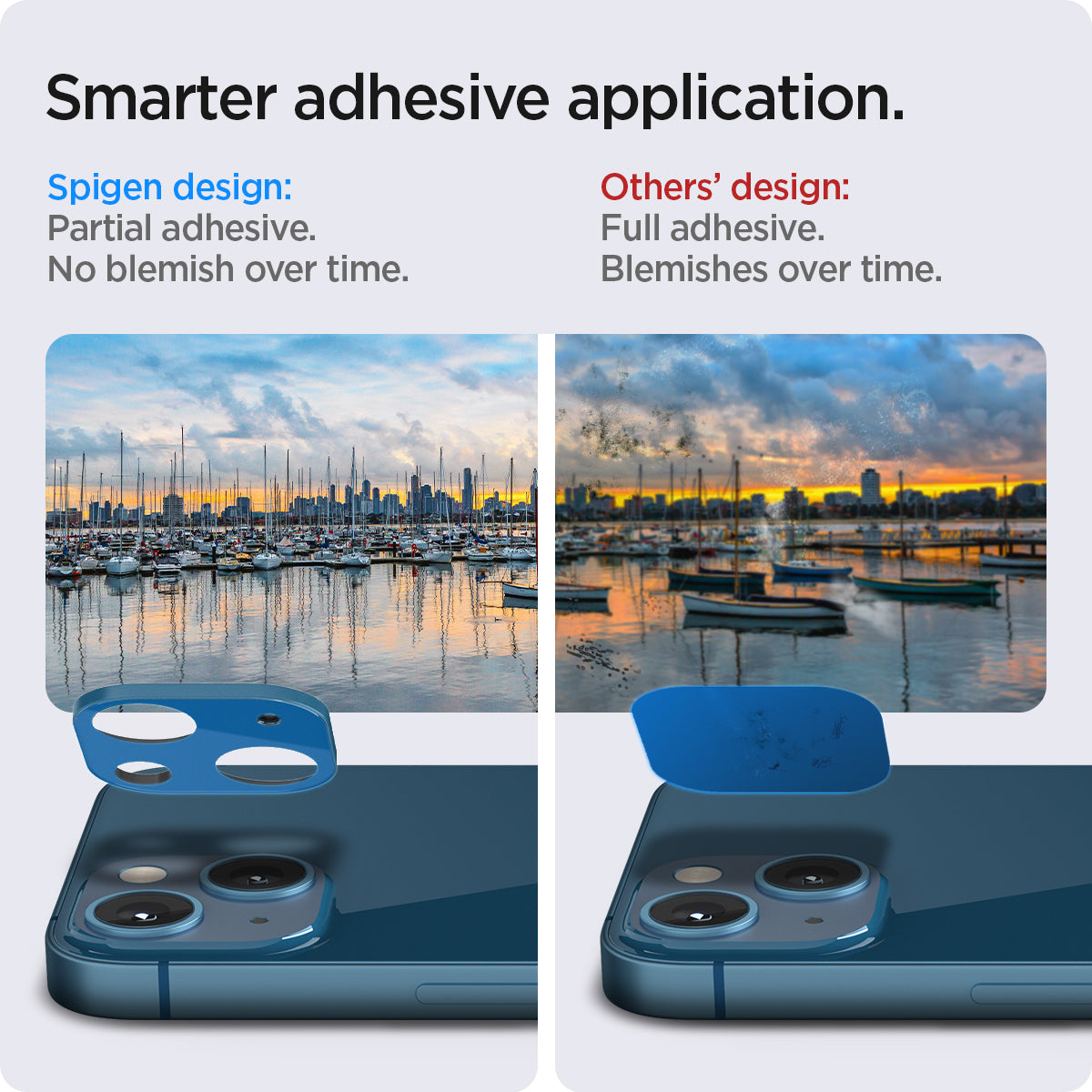 AGL04037 - iPhone 13 Mini / iPhone 13 Optik Lens Protector in blue  showing smarter adhesive application. Spigen design partial adhesive. No blemish over time. Other's design full adhesive over time.