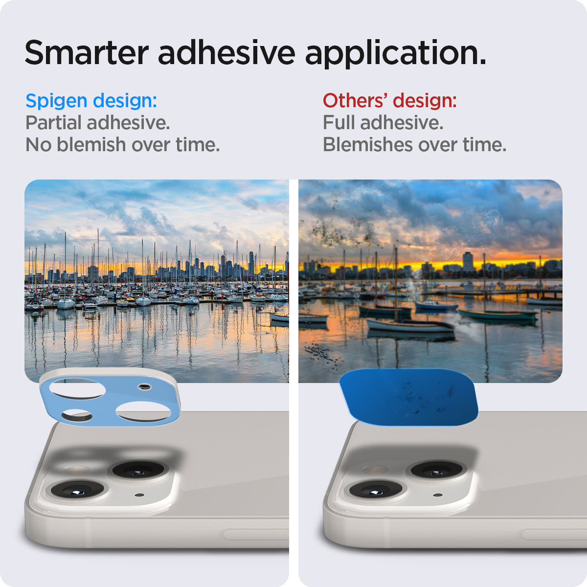 AGL04038 - iPhone 13 Mini / iPhone 13 Optik Lens Protector in starlight  showing smarter adhesive application. Spigen design partial adhesive. No blemish over time. Other's design full adhesive over time.