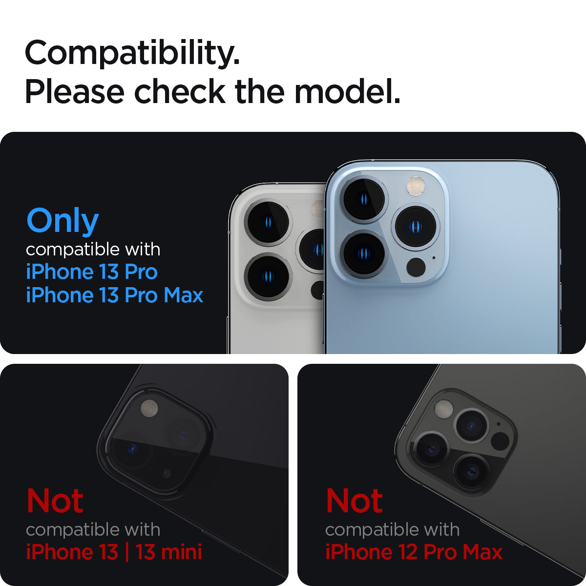 AGL04035 - iPhone 13 Pro Max / iPhone 13 Pro Optik Lens Protector in graphite showing compatibility. Please check the model. Only compatible with iPhone 13 pro and iPhone 13 pro max. Not compatible with iPhone 13, 13 mini. Not compatible with iPhone 12 pr