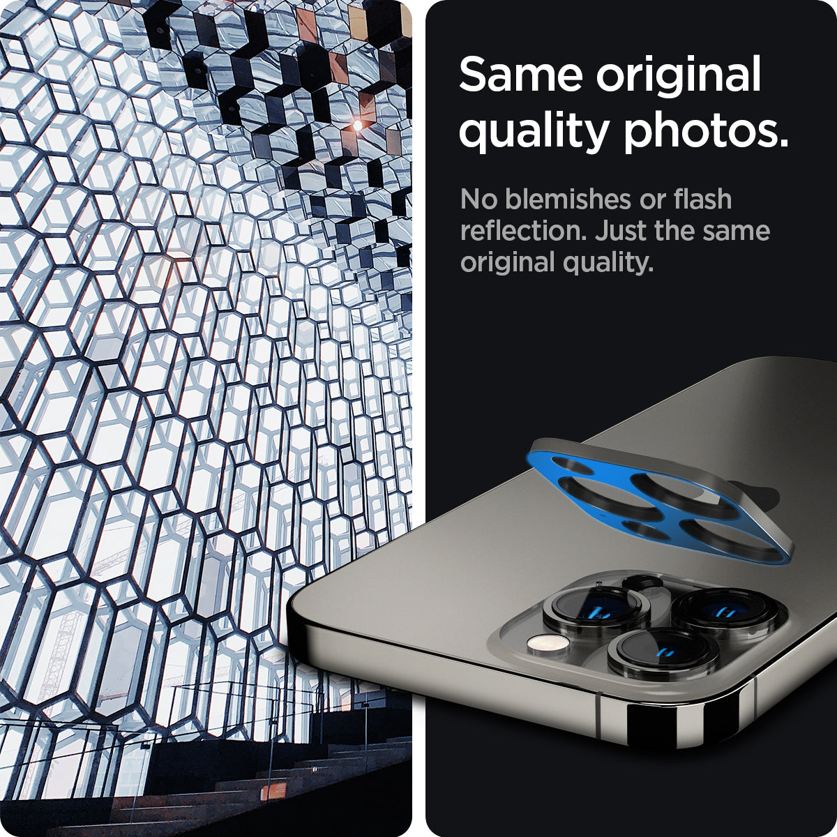 AGL04035 - iPhone 13 Pro Max / iPhone 13 Pro Optik Lens Protector in graphite showing same original quality photos. No blemishes or flash reflection. Just the same original quality.