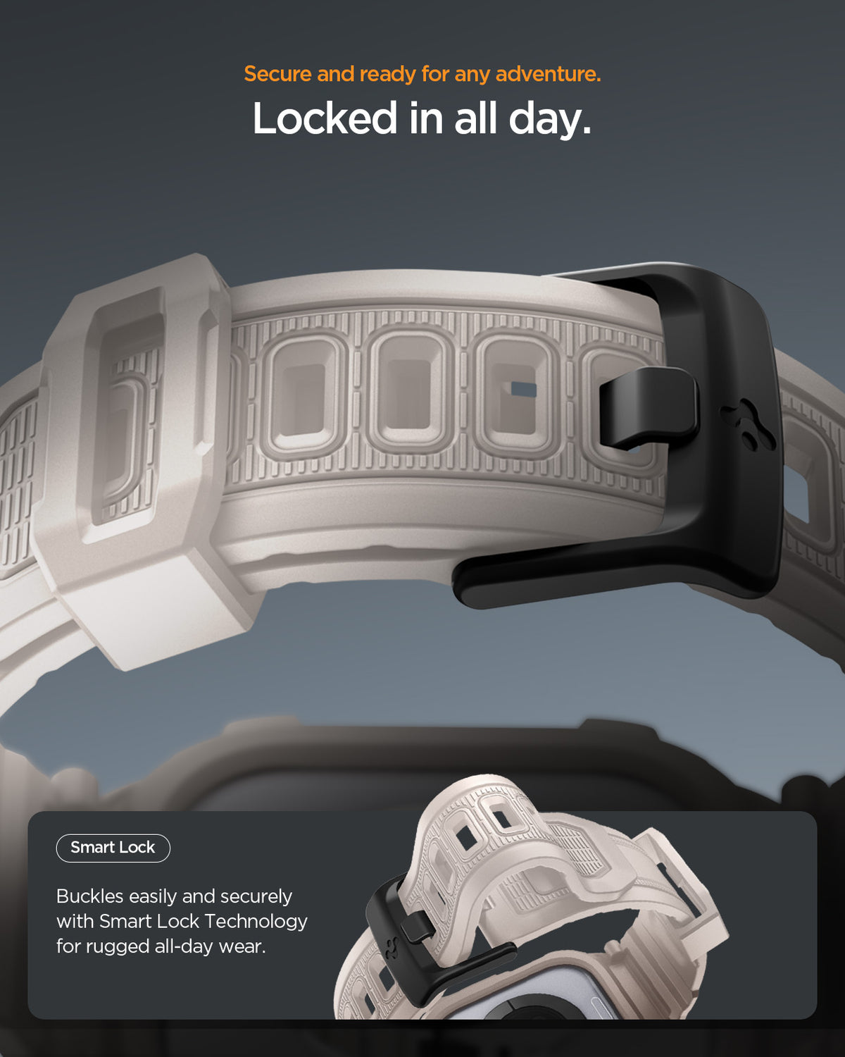 ACS10496 - Apple Watch 10/11 (42mm) Rugged Armor Pro 2 in Dune Beige showing secure and ready for any adventure. locked in all day