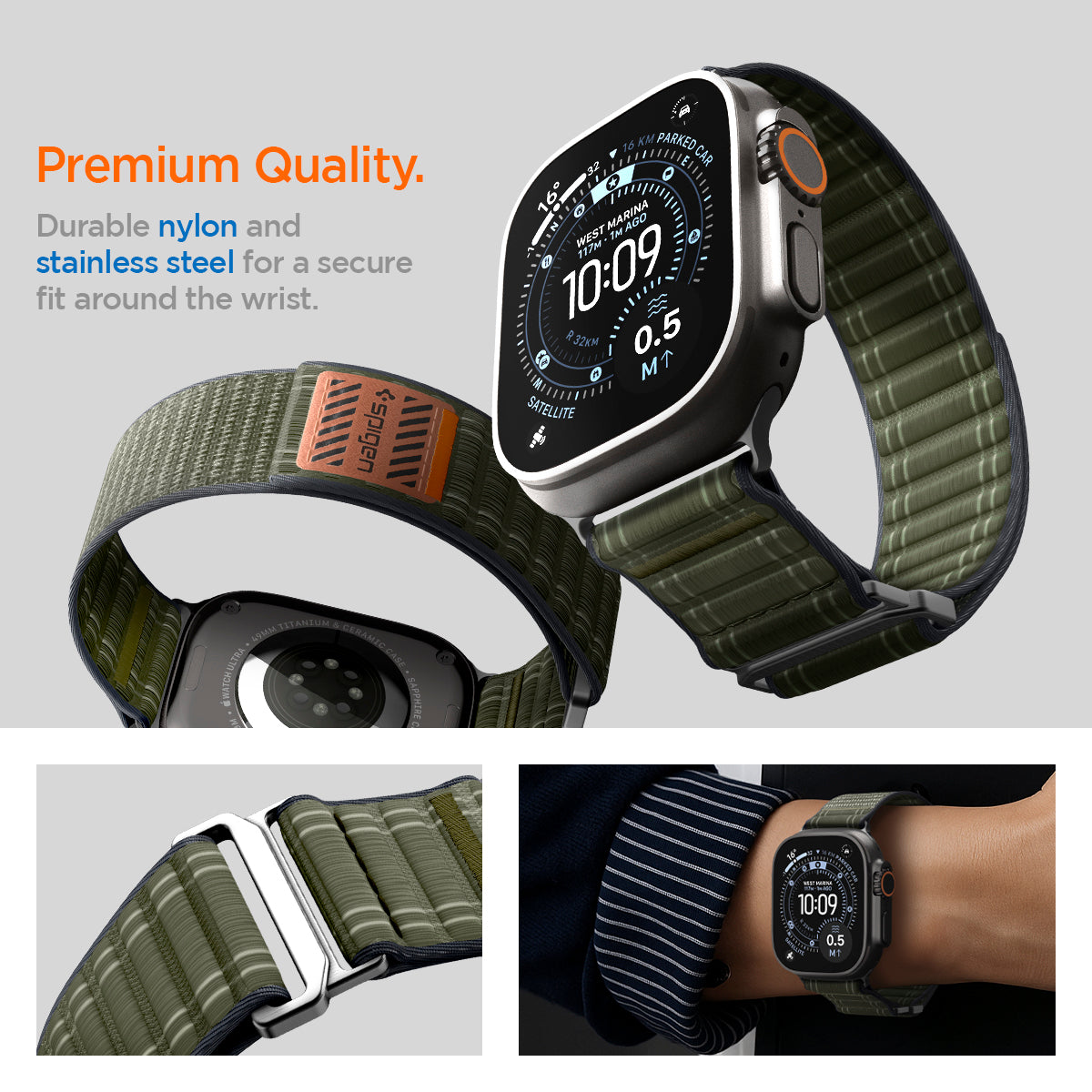 AMP10142 - Apple Watch 10/11 (46mm) WBF0 in Green showing the premium quality. Durable nylon and stainless steel for a secure fit around the wrist