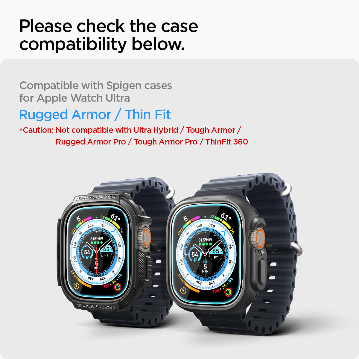 AGL05556 - Apple Watch Ultra Screen Protector EZ FIT Glas.tR showing the compatibility. Compatible with Spigen cases for APple Watch Ultra Rugged Armor / Thin Fit. Not compatible with Ultra Hybrid / Touch Armor / Rugged Armor Pro / Touch Armor Pro / ThinFit 360