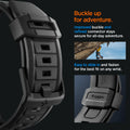 AMP02854 - Apple Watch Series Rugged Band in Matte Black showing buckle up for adventure. improved buckle and refined connector stays secure or all day adventure. Easy to slide in and fasten for the best fit on any wrist