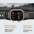 AMP02854 - Apple Watch Series Rugged Band in Matte Black showing rugged design. modern comfort. rugged yet comfy strap for daily wear without the tear. unique and sleek details. orange accent matches your apple watch ultra