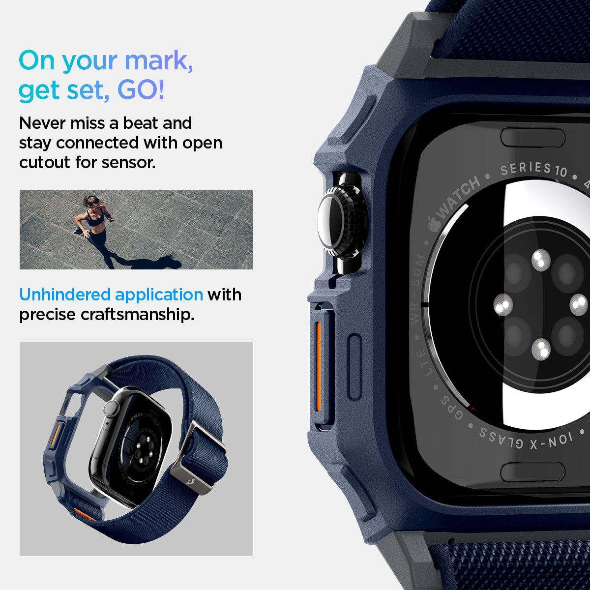 ACS08925 - Apple Watch 10 (46mm) Case Lite Fit Pro in Navy Blue showing how you will never miss a beat and stay connected with open cutout for sensor. Unhindered application with precise 