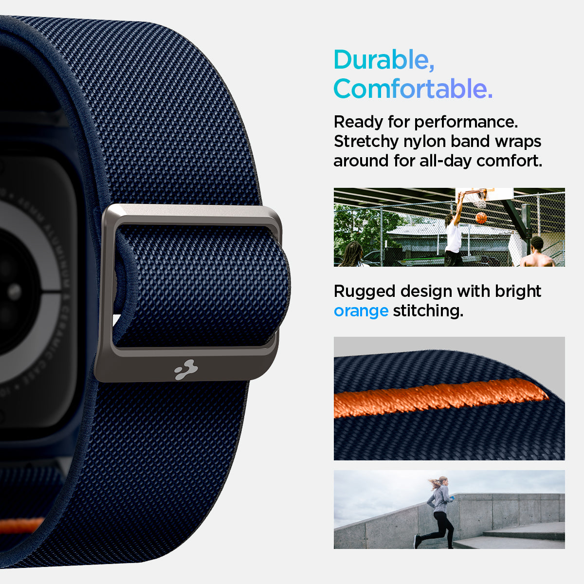 ACS08925 - Apple Watch 10 (46mm) Case Lite Fit Pro in Navy Blue showing the durable, comfortable. Ready for performance. Stretchy nylon band wraps around for all-day comfort. Rugged design with bright orange stitching
