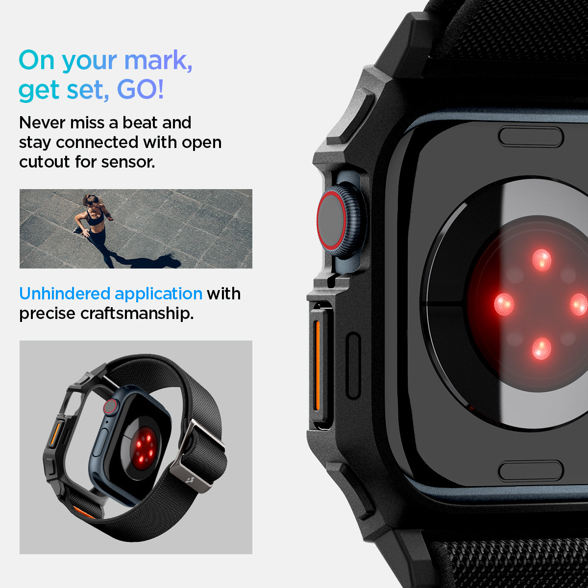 ACS08594 - Apple Watch (42mm) Case Lite Fit Pro in Matte Black showing how you will never miss a beat and stay connected with open cutout for sensor. Unhindered application with precise 
