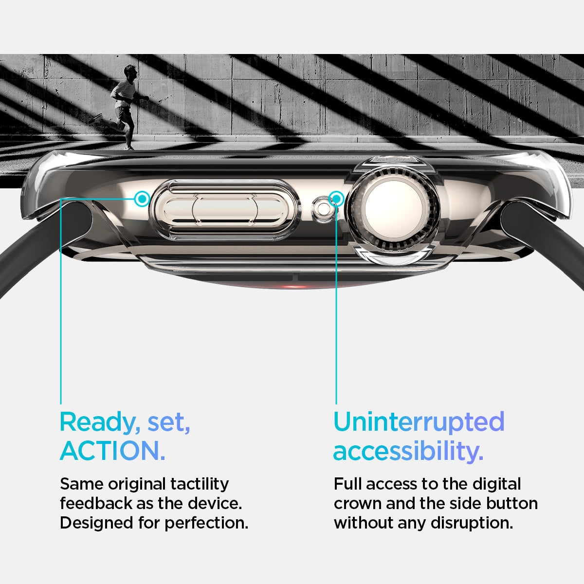 ACS08589 - Apple Watch 10 (42mm) Case Thin Fit in Crystal Clear same original tactility feedback as the device designed for perfection. Ready set action. Uninterrupted accessibility. Full access to the digital crown and the side button without any disruption.