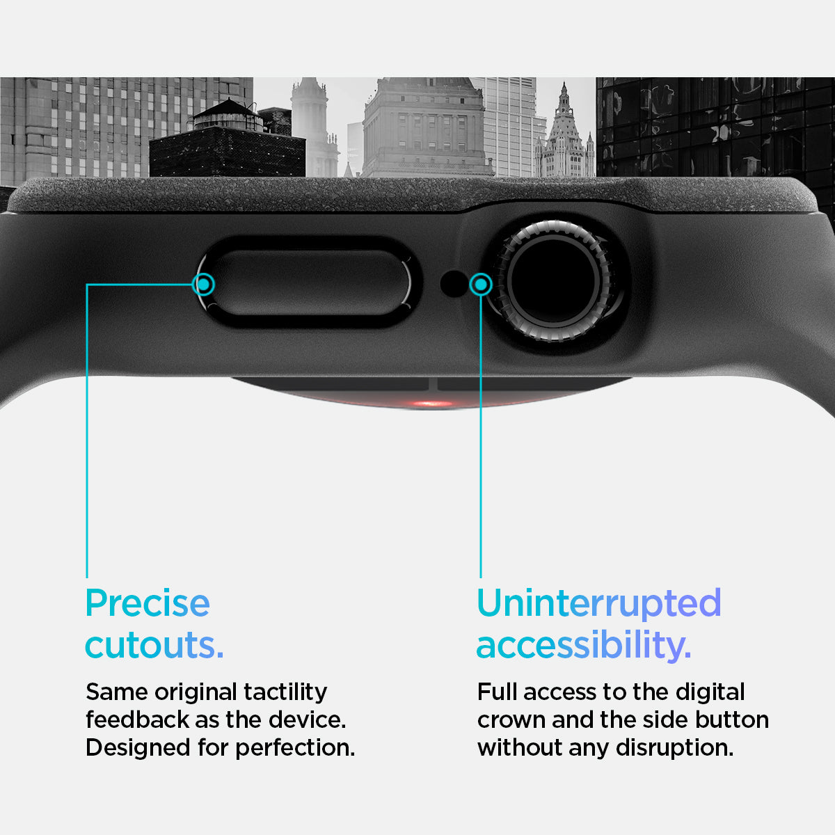 ACS09391 - Apple Watch 10 (46mm) Case Vault Pro in Matte Black Same original tactility feedback as the device designed for perfection. Showing Ready, set, Action. Uninterrupted accessibility. Full access to the digital crown and the side button without any disruption.
