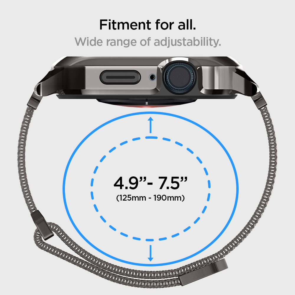ACS04587 - Apple Watch (41mm) Metal Fit Pro in Graphite showing the fitment for all. Wide range of adjustability. 4.9: - 7.5" 