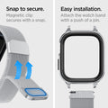 ACS04584 - Apple Watch Series (Apple Watch (45mm) Case Metal Fit Pro in silver showing the snap to secure. Easy installation. Attach the watch band with a push of a pin