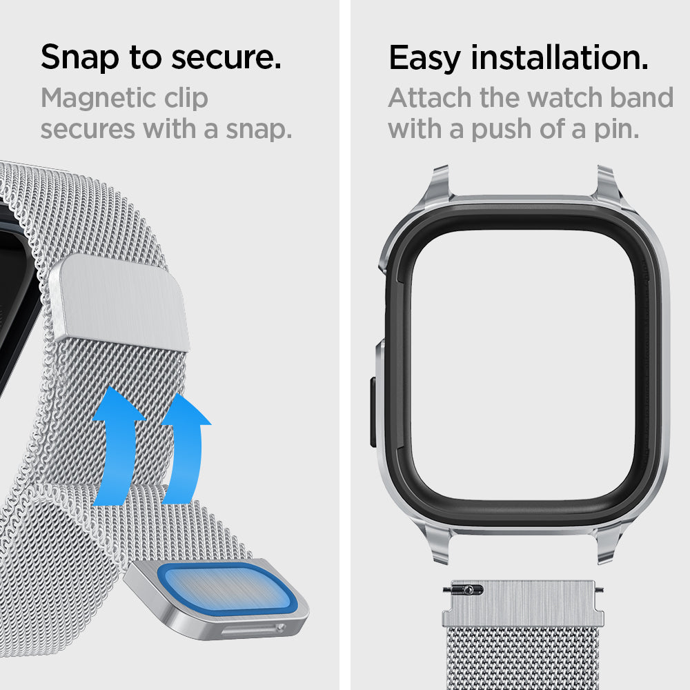 ACS04586 - Apple Watch (40mm) Metal Fit Pro in Silver showing the snap to secure. Magnetic clip secure with a snap. Easy installation. Attached the watch band with a push pin