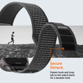 AMP11113 - Apple Watch Ultra Athlex Air 2 band showing secure hook and loop fastening system with rugged gray woven nylon strap curved for a snug fit highlighting strong grip and stability during running and active outdoor use