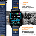 AMP09036 - Apple Watch 10 (46mm) Athlex Air in Active Navy showing the comfort for all. Rugged and flexible design with your ultimate comfort in mind. Rugged yellow stitching. Yellow stitching matches the inner adjustable band for a sleek two-toned design