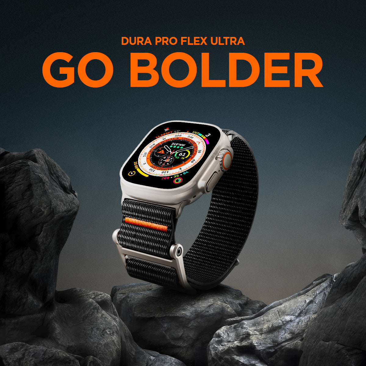 AMP05981 - Apple Watch (45mm) DuraPro Flex Ultra in Black showing go bolder dura pro flex ultra 
