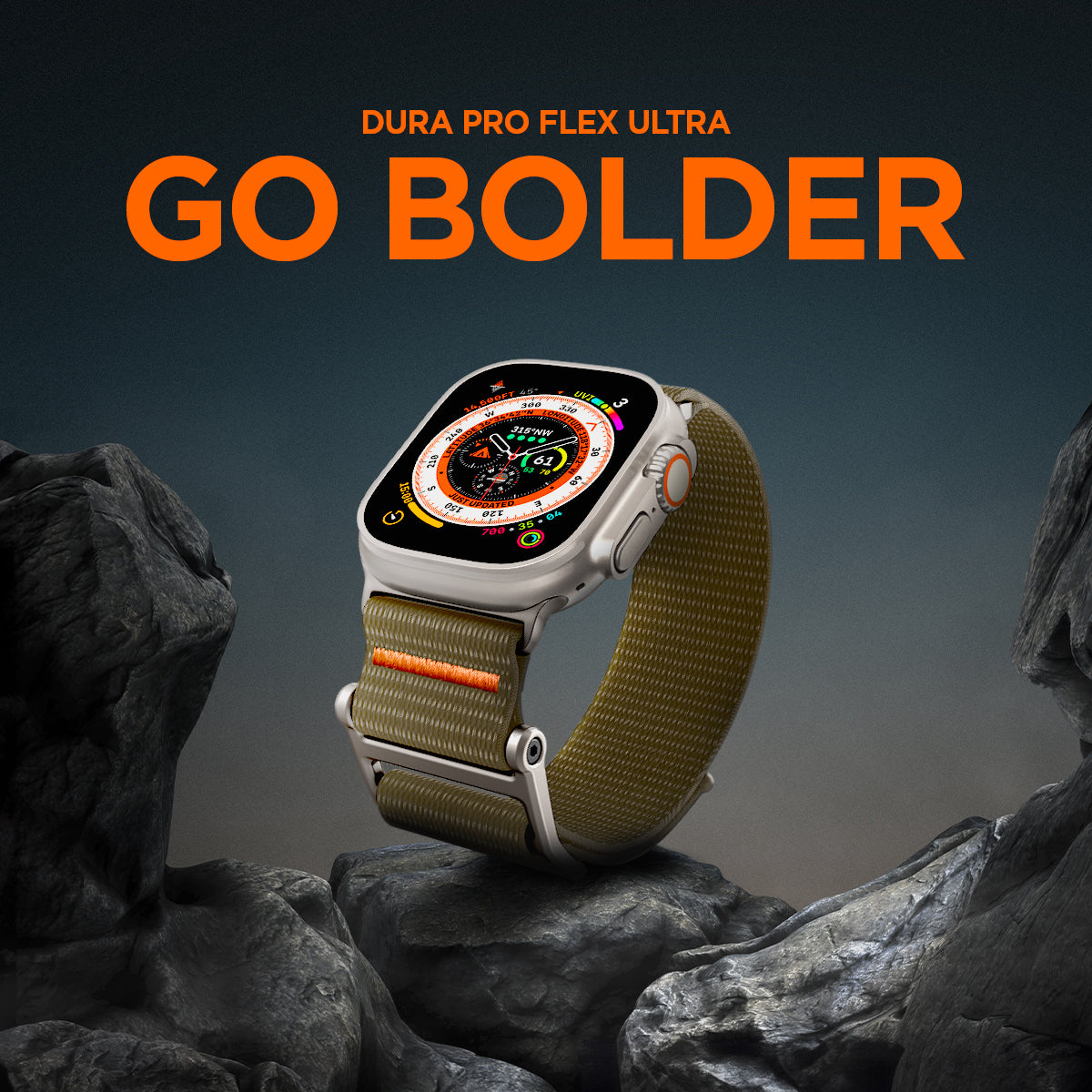 AMP05982 - Apple Watch (49mm) DuraPro Flex Ultra in Khaki showing go bolder dura pro flex ultra 