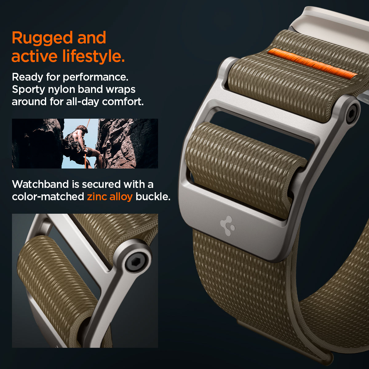 AMP05982 - Apple Watch (49mm) DuraPro Flex Ultra in Khaki ready for performance sporty nylon band wraps around for all day comfort. watchband is secured with a color matched zinc alloy buckle. Rugged and active life style.