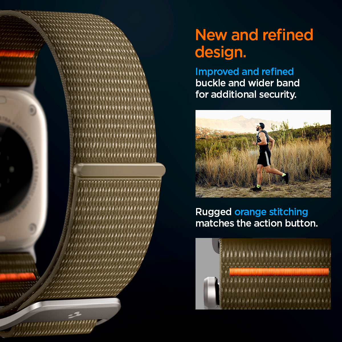 AMP05982 - Apple Watch (49mm) DuraPro Flex Ultra in Khaki improved and refined buckle and wider band for additional security. Rugged orange stitching matches the action button.