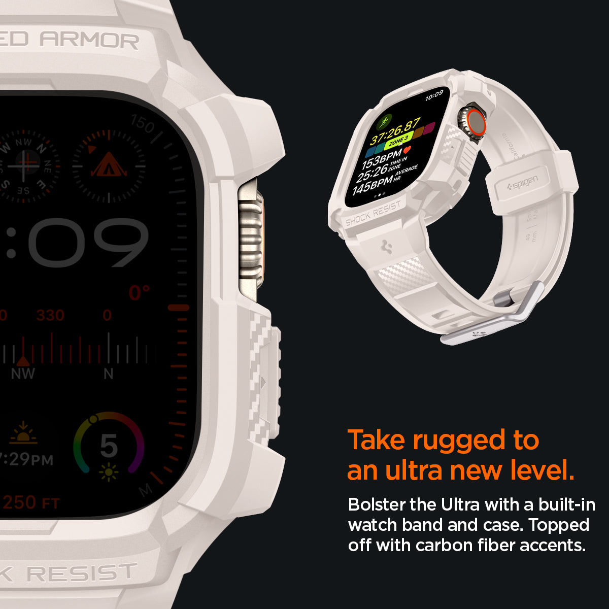 ACS07388 - Apple Watch (49mm) Rugged Armor Pro in Dune Beige bolster the ultra with a built in watch band and case. Topped off with carbon fiber accents. Take rugged to an ultra new level.