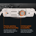 ACS07388 - Apple Watch (49mm) Rugged Armor Pro in Dune Beige showing precise opening for full functionality. Accurate access to Ultra's three-microphone array and depth gauge features. Uninterrupted accessibility. Full access to the digital crown and the side button without any disruption.