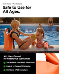 AMP06025 - AquaShield Waterproof Bag A630 in Sunset Orange showing the non-toxic TPU material, safe to use for all ages, all parts tested for hazardous substance bpa free, free of 34 types of phthalates and RoHS and CP65 compliant