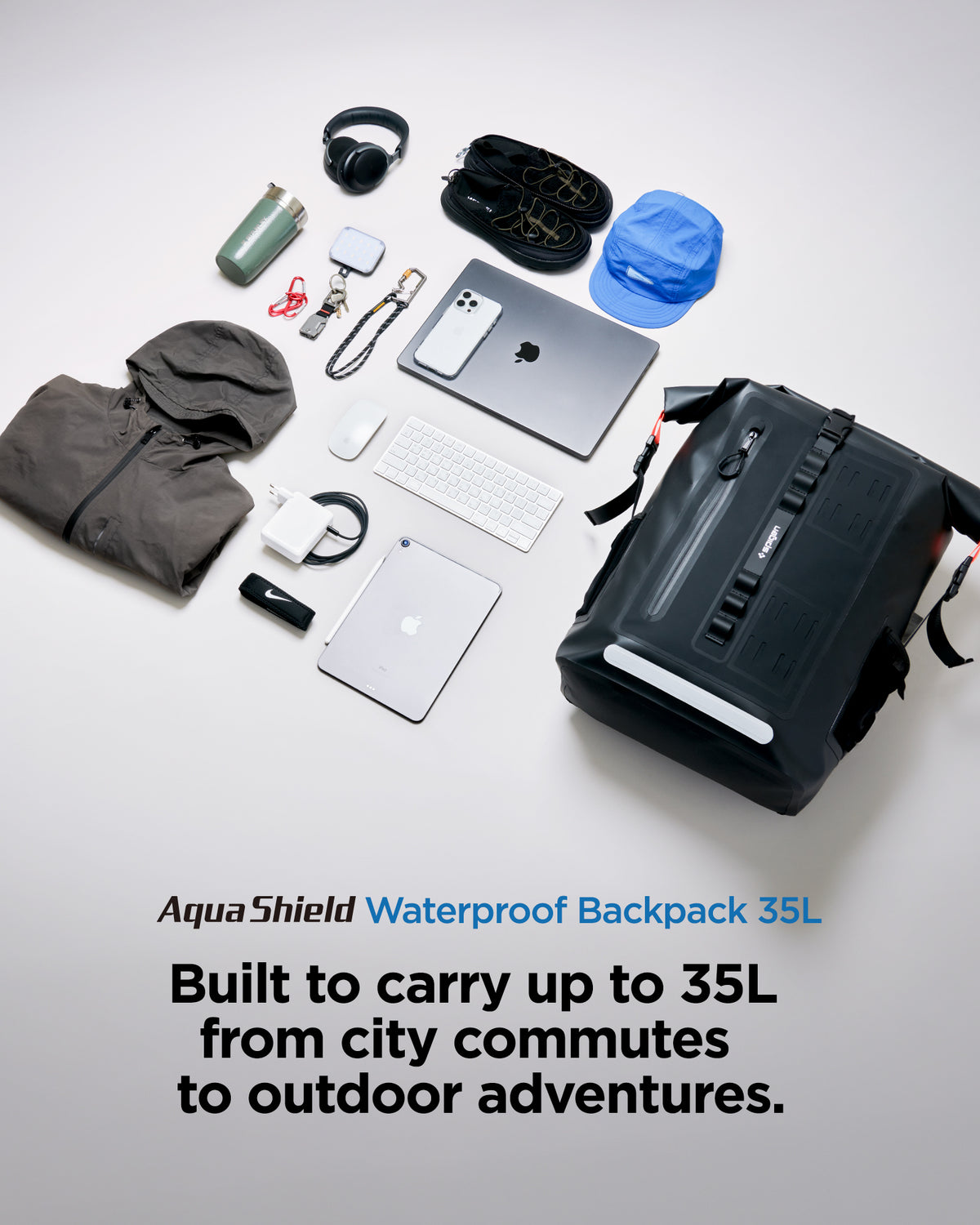 AMP07875 - AquaShield Waterproof Backpack A650 in Black showing built to carry up to 35L from city commutes to outdoor adventures