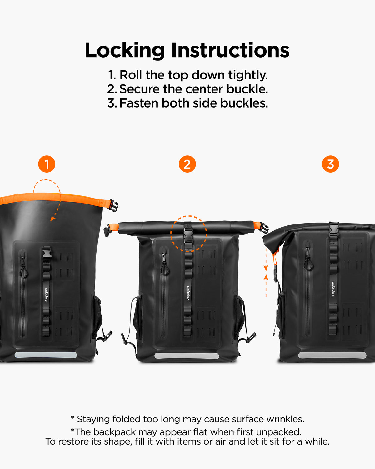 AMP07875 - AquaShield Waterproof Backpack A650 in Black showing the locking instructions 1. Roll the top down tightly 2. Secure the center buckle 3. Fasten both side buckles. Staying folded too long may cause surface wrinkles. The backpack may appear flat when first unpacked. To restore its shape, fill it with items or air and let it sit for a while
