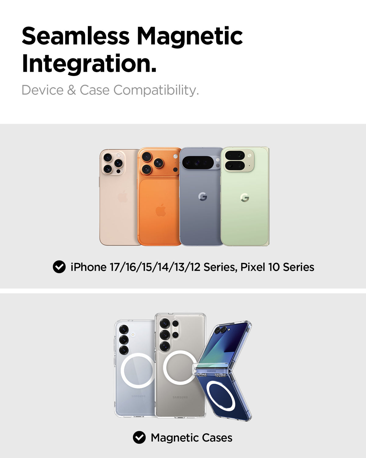 ACP11172 - Spigen Mag Fit Suction Cup Mount showing compatibility with iPhone and Pixel devices and magnetic cases