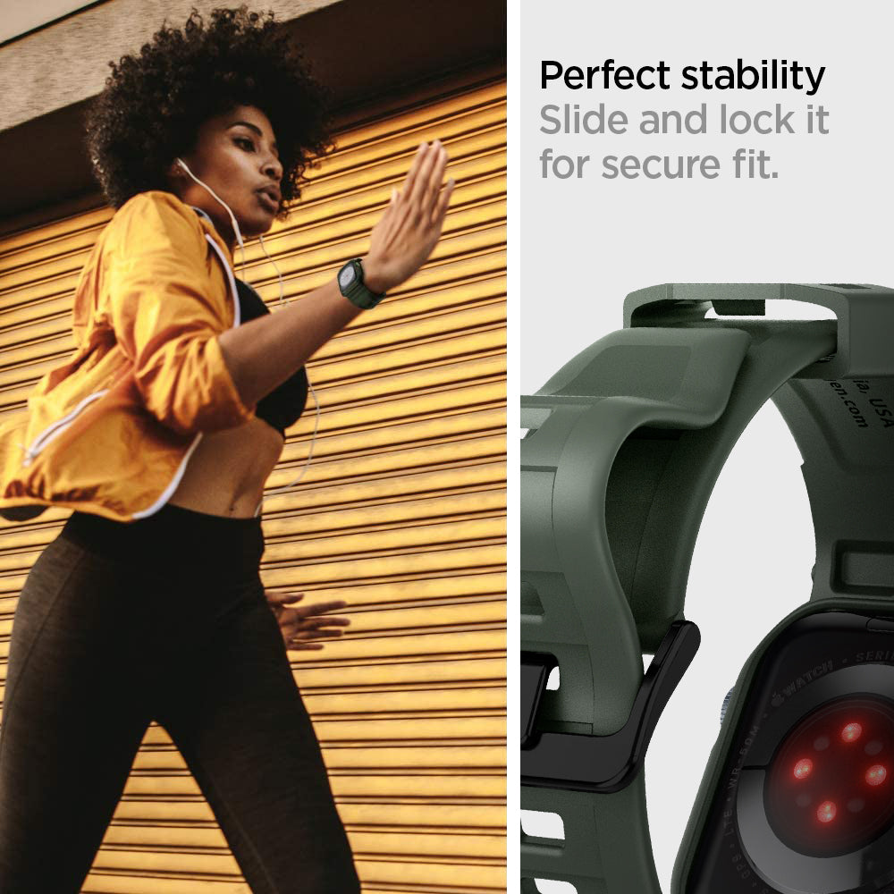 ACS00547 - Apple Watch Series (Apple Watch (41mm)) Case Rugged Armor Pro in military green perfect stability slide and lock it for secure fit.