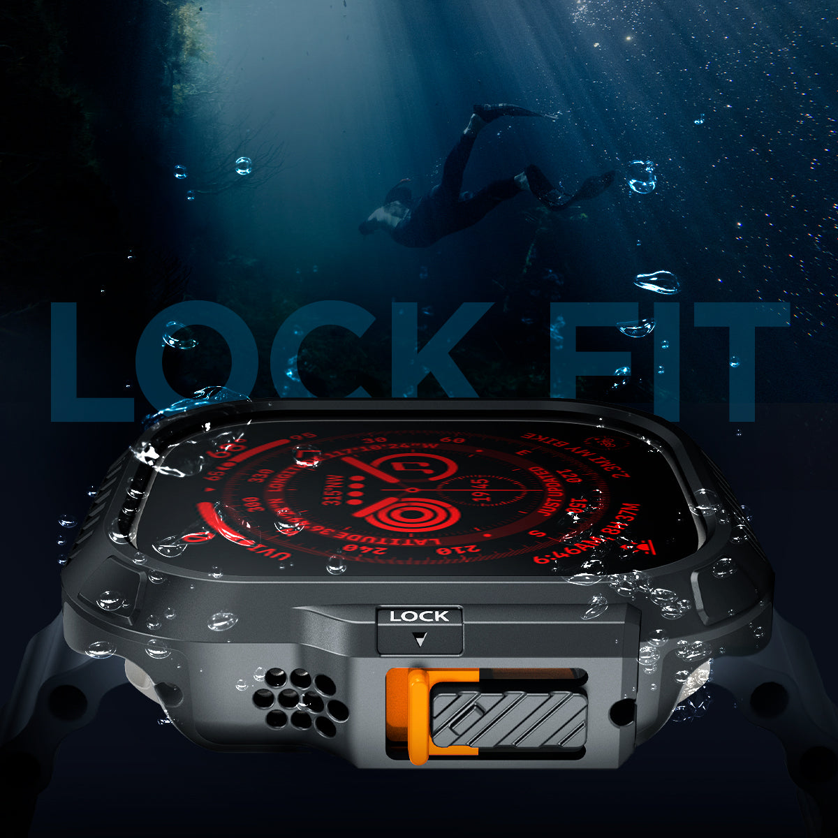 ACS06208 - Apple Watch (49mm)  The back has large letters that say LOCK FIT and a diver swimming deep in the ocean.