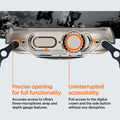ACS05917 - Apple Watch Ultra (Apple Watch (49mm)) Case Thin Fit in crystal clear showing precise opening for full functionality. Accurate access to Ultra's three-microphone array and depth gauge features. Uninterrupted accessibility. Full access to the digital crown and the side button without any disruption.