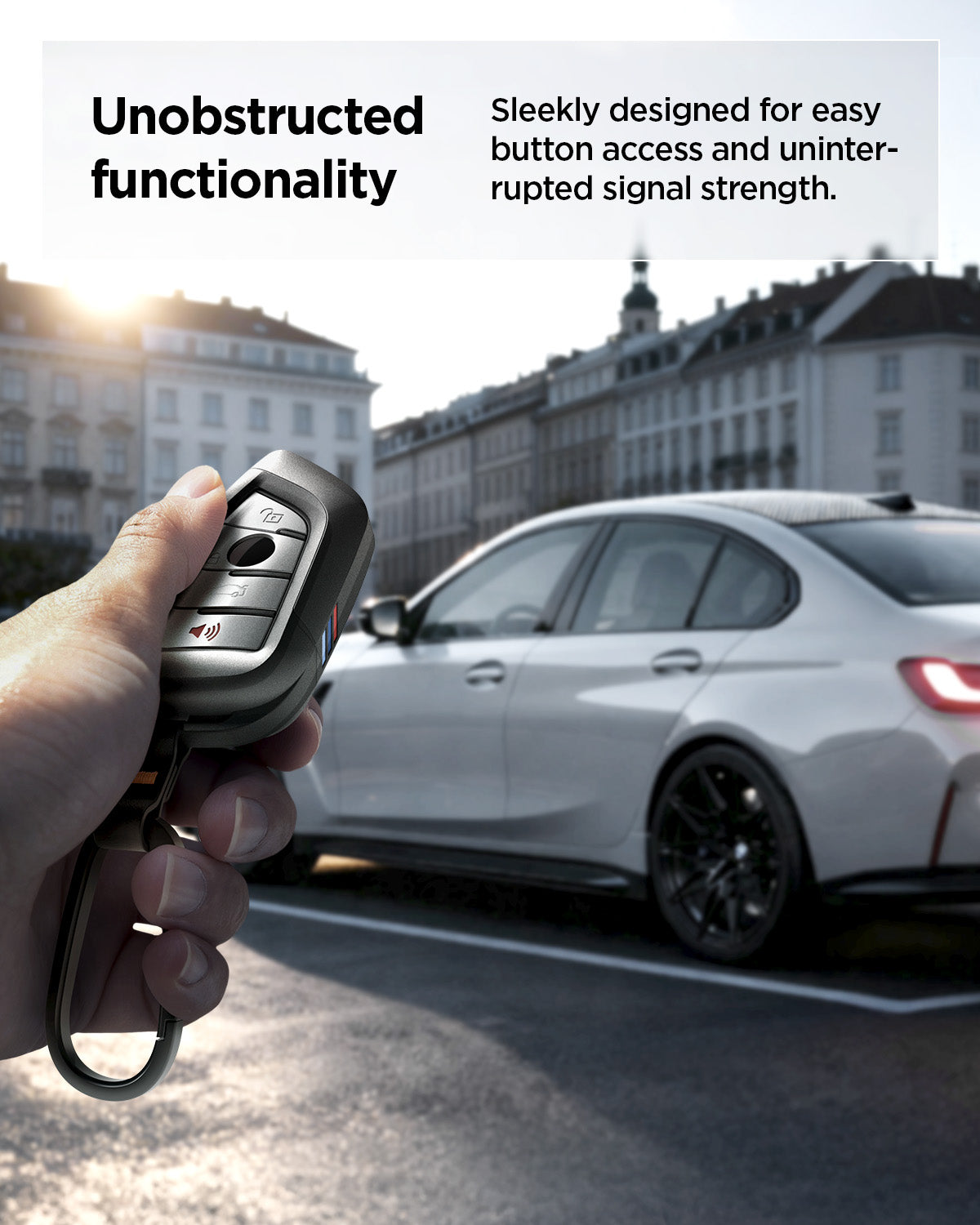ACS10425 - BMW Key Fob Cover | BK100 in Matte Black showing an obstructed functionality. Designed for easy button access and uninterrupted signal strength. 