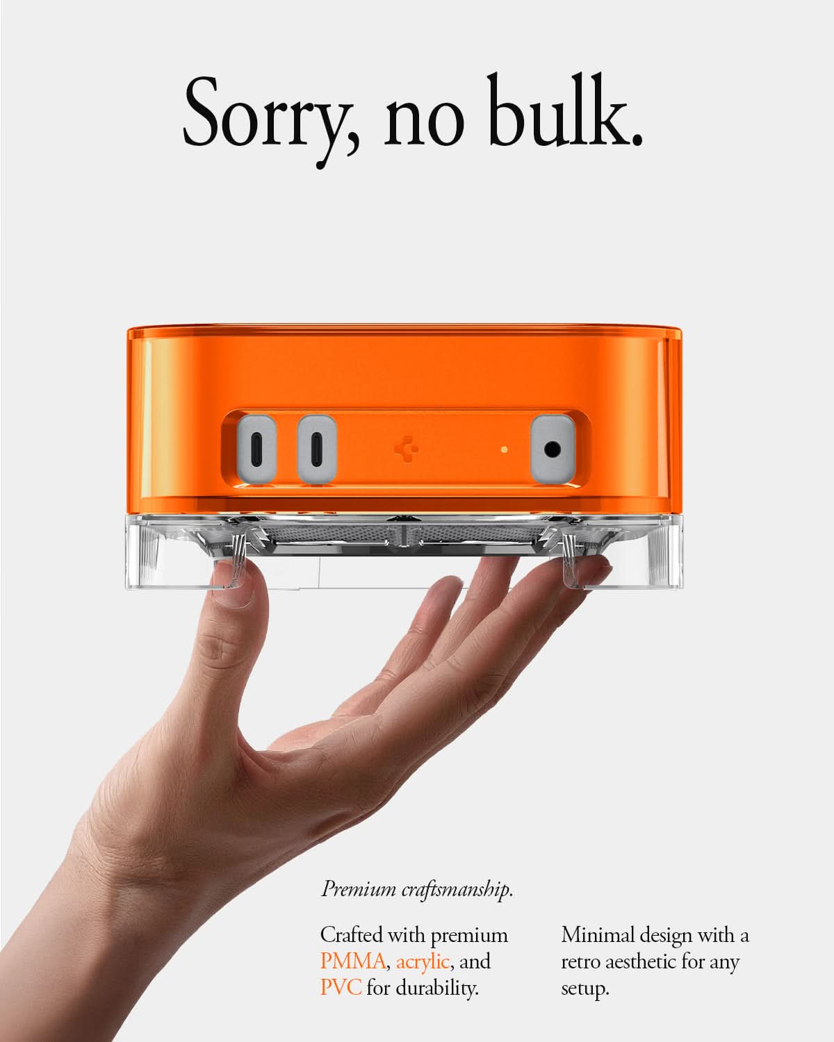 ACS09212 - Apple Mac Mini Stand Classic C1 in Tangerine showing sorry, no bulk. crafted with premium PMMA, acrylic and PVC for durabilitry