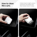 ACP10510 - CC90 Car Screen Cleaner in white showing how to clean like a pro. collect dust in tight corners using the microfiber pad, then simply brush it away