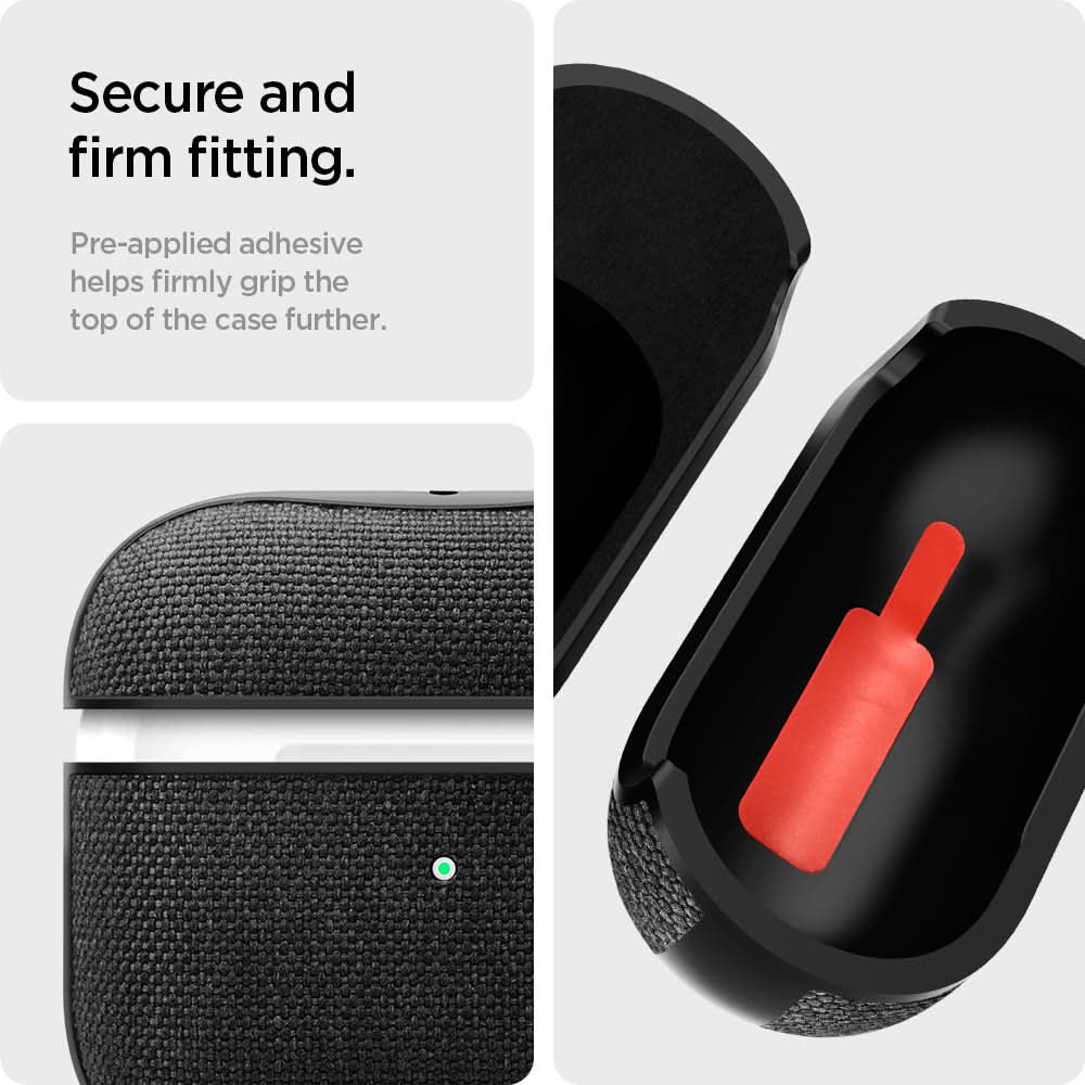 ASD02111 - Apple AirPods 3 Case Urban Fit in black showing the secure and firm fitting. Pre-applied adhesive helps firmly grip the top of the case further