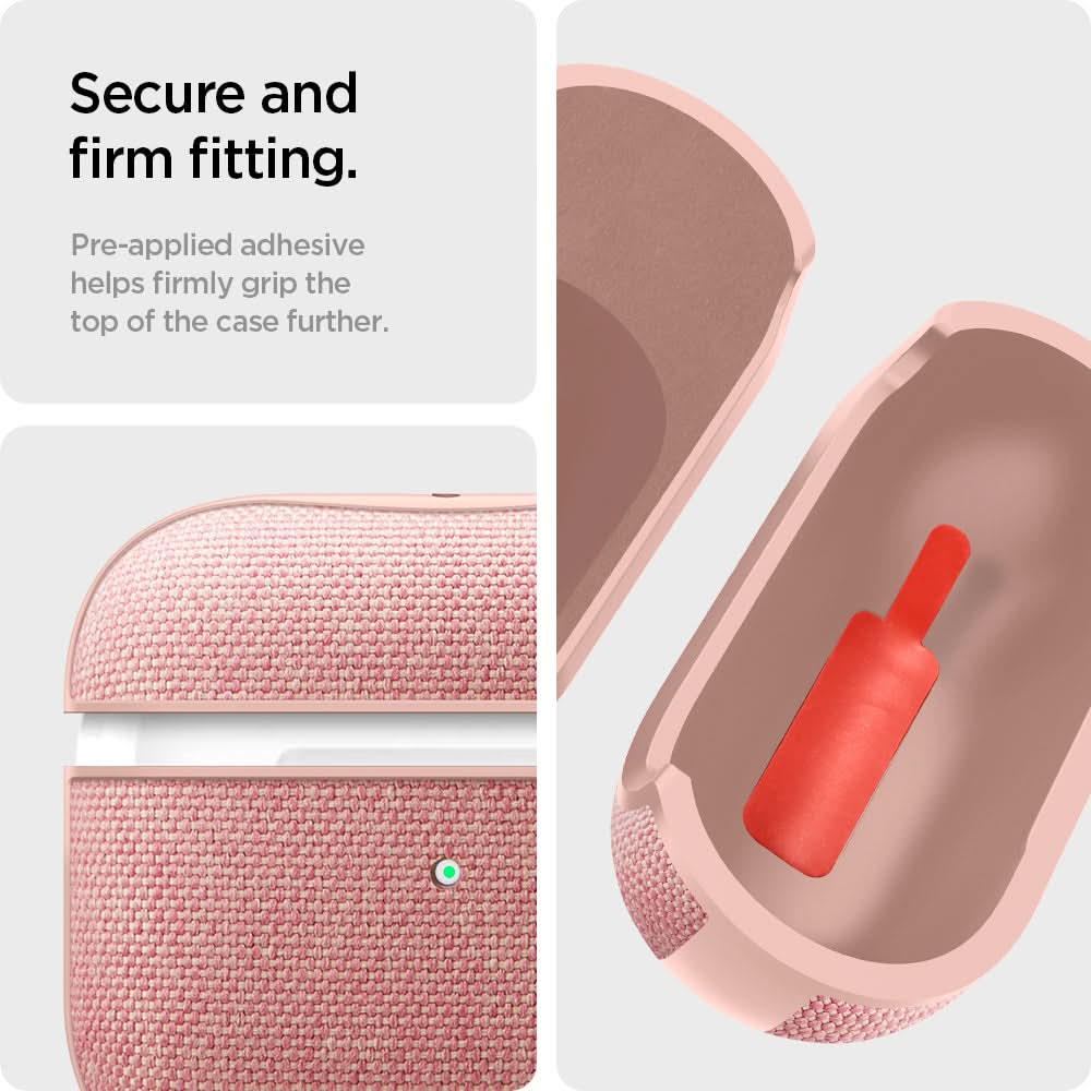 ASD02112 - Apple AirPods 3 Case Urban Fit in rose gold showing the secure and firm fitting. Pre-applied adhesive helps firmly grip the top of the case further